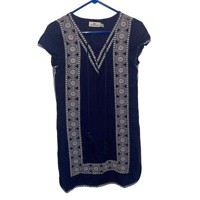 Vineyard Vines Women's Size 2 Navy Tassel Linen Tunic Dress Boho Embroidered