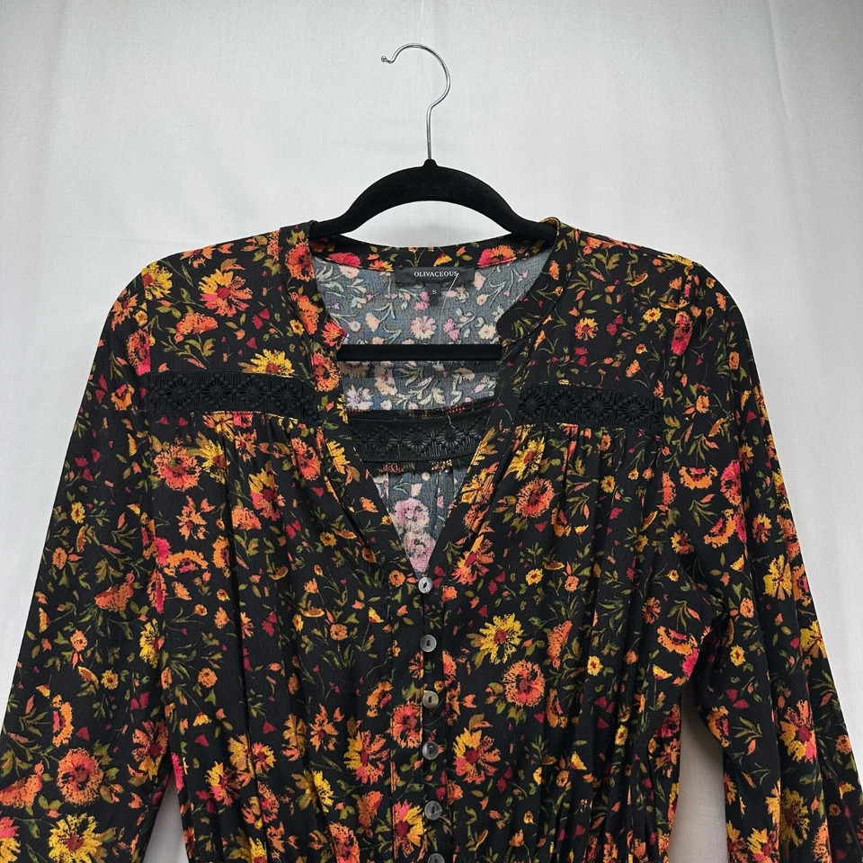 Mameluco Oliveaceous Talla S Campesino Boho Floral Manga Larga Crepé Negro Naranja Foto 3 de 4