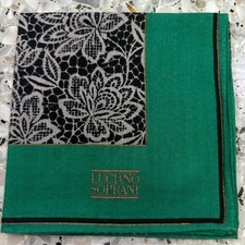 ART VINTAGE JAPAN HANKY BLACK  GREEN FLORA WOMAN POCKET SQUARE COTTON 19" W205