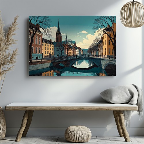 Wall Art Serene Bridge Teal Twilight Canal European Town Clock Tower Side Canvas - Picture 2 of 8