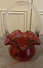 Vintage Cranberry Fenton Art Glass Basket Clear Twisted Handle