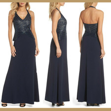 NWT $329 Adrianna Papell [ 6 ] Beaded Halter Long Gown in Midnight Blue #F360