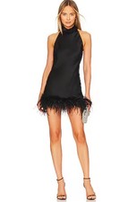 New! Amanda Uprichard Lunaria Feather Trim Silk Halter Dress Black Size L