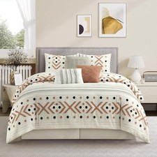 Taupe Terry Embroidery Comforter Set Queen Size, 7 Piece Geometric Bedding Se...