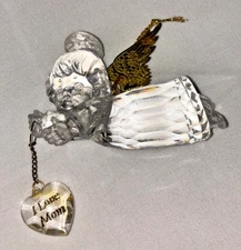 Vintage Lucite Angel Ornament Brass Wings I Love Mom Heart Plastic Clear 3.5"L