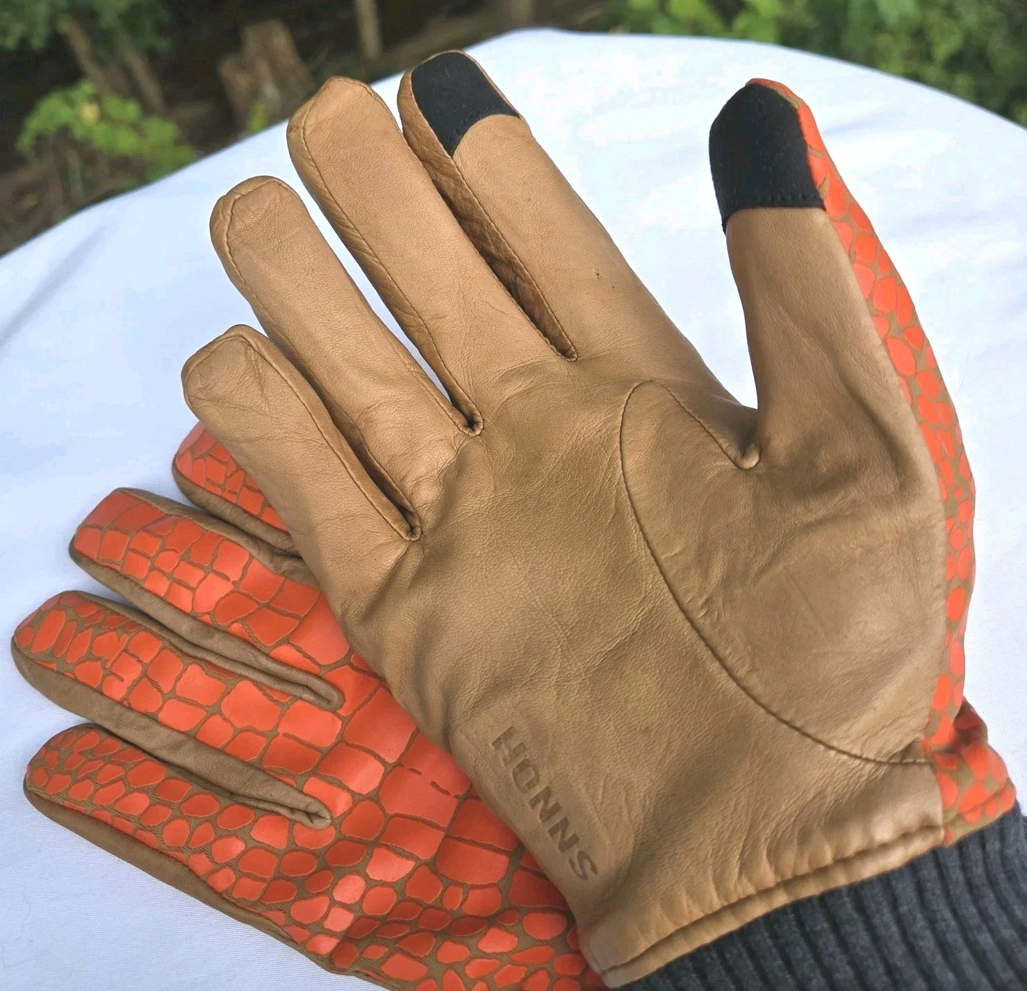 Honns Logan Lambskin Tech Gloves Sz 7 Orange Reptile Knit Wrists Fleece Lined