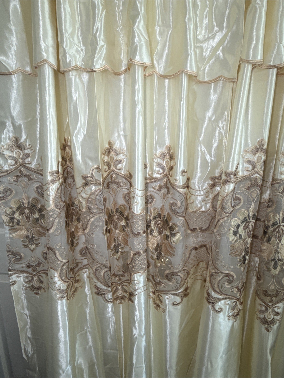 Pair (2) Curtain Panels Attached Valance Ivory Shimmer Satin Sheer Lace 54 X 87”