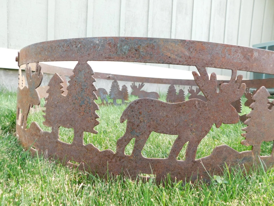 De colección 4 Piezas 36" Redondo Metal Hierro Alce Pinos Arte Campamento Fuego Anillo Pozo Foto 4 de 4