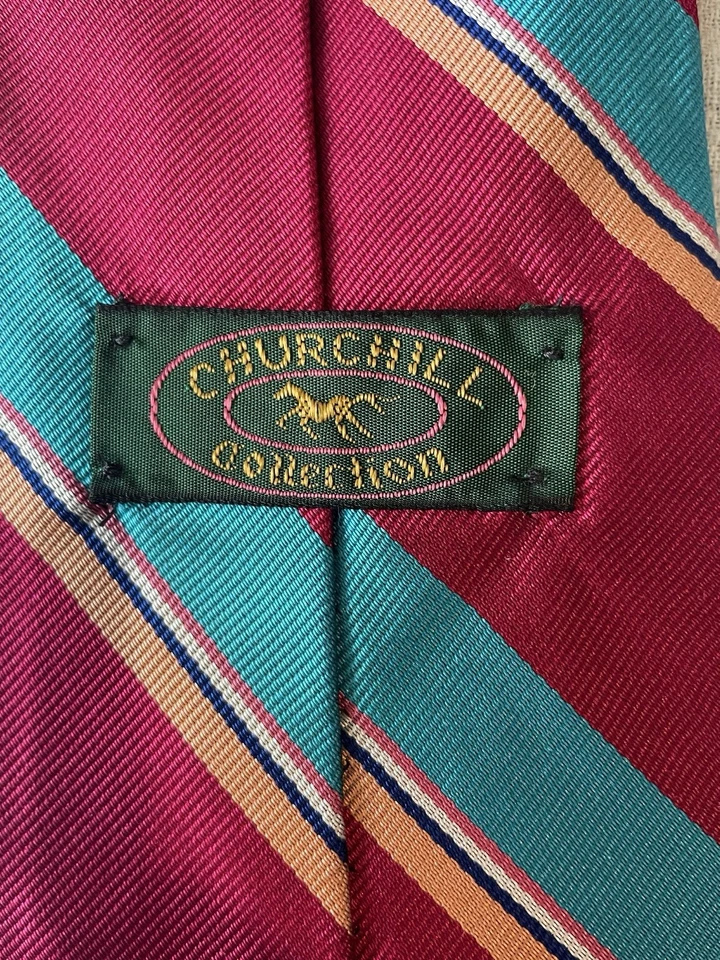 Corbata de seda vintage años 90 colección Churchill rosa verde azulado a rayas hecha en EE. UU. Foto 3 de 4