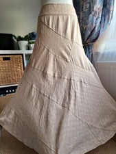 Y2K Per Una Beige 100% Linen Panelled Maxi Skirt 14R Aline Flared Boho Hippie