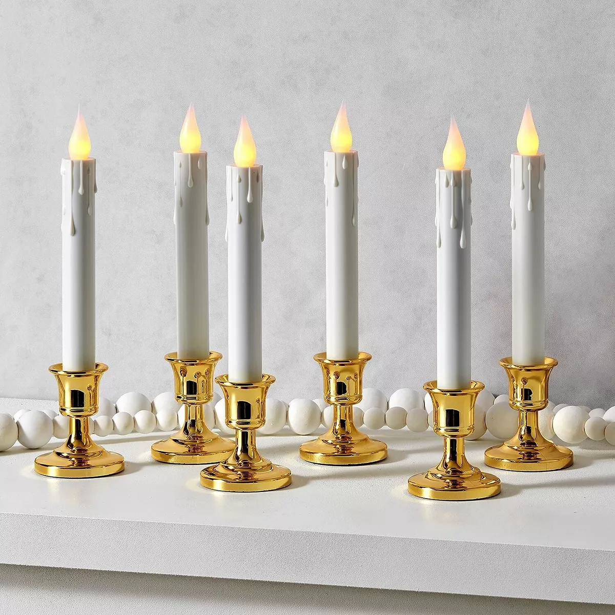 Window Candles Set of 6 White LED Taper Decorative with Gold Bases