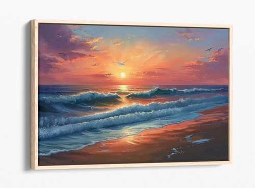 PRETTY SUNSET AT SEASIDE BIRDS FLOAT EFFECT FRAMED CANVAS WALL ART PICTURE PRINT - Picture 12 of 12