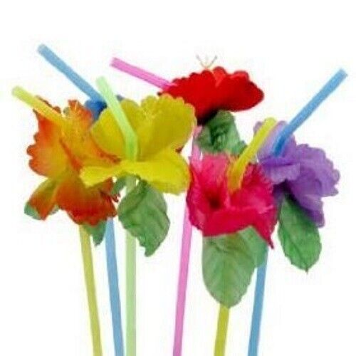 48 Multicolored Flower Bendy Straws Luau Cocktail Drink - Tiki Bar Leis Umbrella - Picture 1 of 1