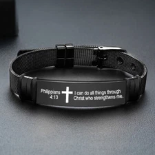 Personalized Encouragement Prayer Men Bracelet Christian Cross Bible Cuff Black