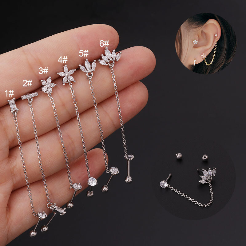 Crystal Chain Earrings Bar Stud Screw on Earrings Tragus Helix