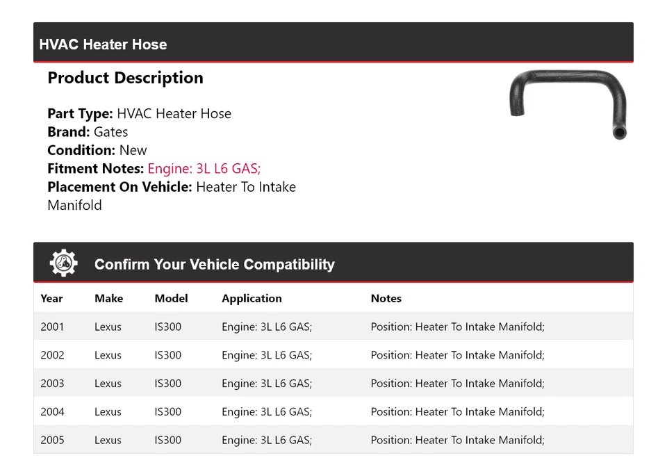 Para Lexus IS300 2001-2005 HVAC calentador manguera calentador para admisión colector puertas 2002 Foto 2 de 4