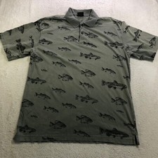 Woolrich Fish Print Polo Shirt Mens Large Green Short Sleeve Cotton 