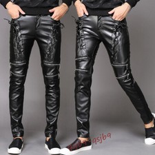 Motorcycle Biker Mens Slim Skinny Pants Faux Leather Gothic Punk Rock Trousers