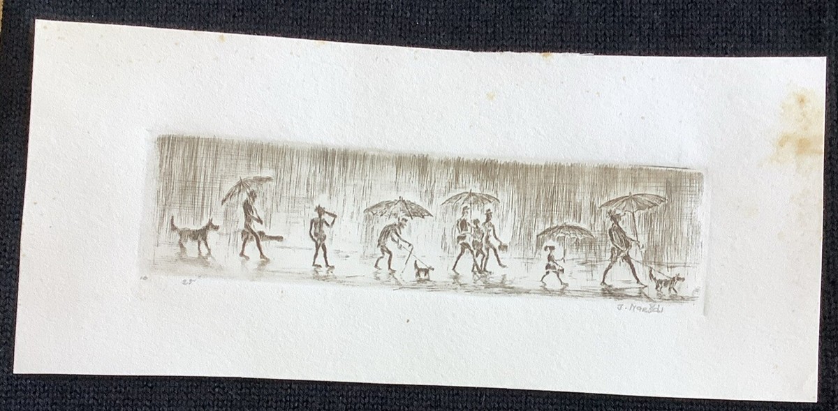 RARE Artist Josef Maršál Art Drawing Sketch Rain Print Signed