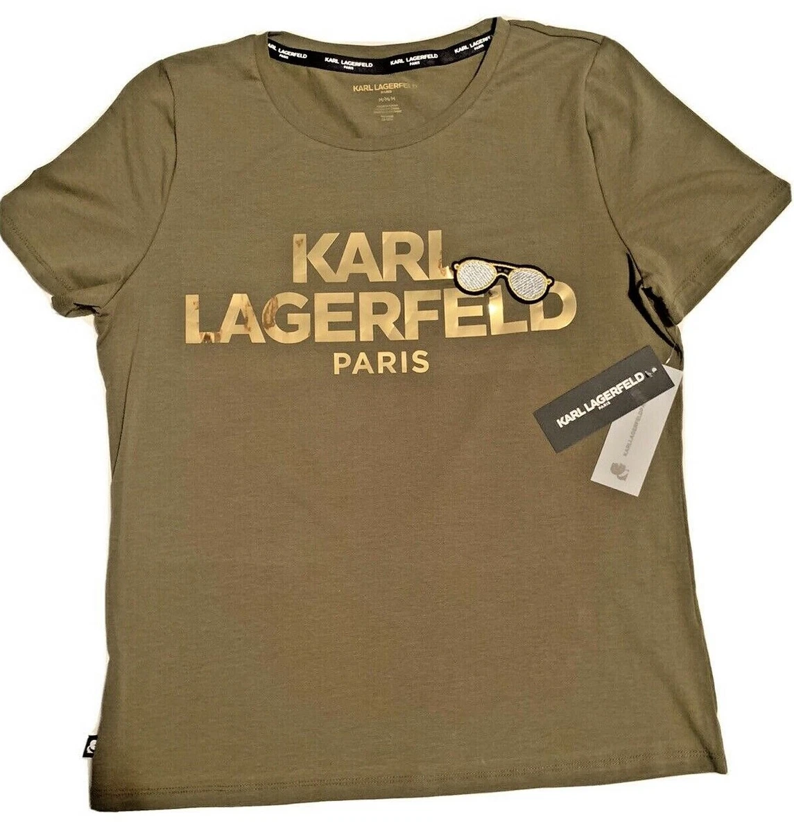 Karl Lagerfeld T shirt Women sz L Moss Green Logo Brand New w Tags 100 Athntc