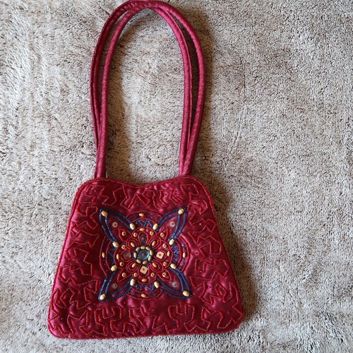 Olga Berg Sparkly Beaded Small Bag – dark pink colour with long handles 22x17cm
