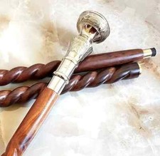 Nautical Brass Knob Head Handle Hand Carved Spiral Brown Wooden Walking Stick
