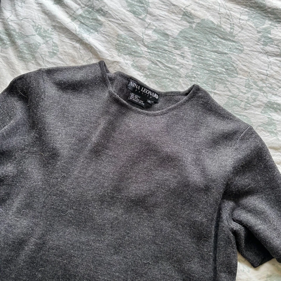 Vestido para mujer Nina Leonard grande pequeño negro tejido manga corta mezcla de lana Foto 2 de 4