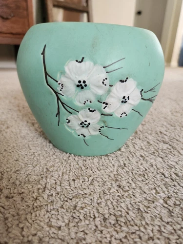 Vintage McCoy Mint Green Jardiniere Springwood Dogwood Pottery Vase Planter