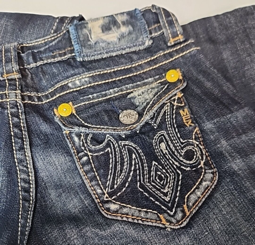 Jeans vintage Y2K Mek donna 26 vita bassa risciacquo scuro svasato tasche impreziosite - Foto 12 di 12
