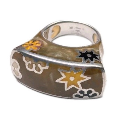 Alan K Designo Sterling 925 Rectangle Statement Chunky Flower Floral Ring Size 6