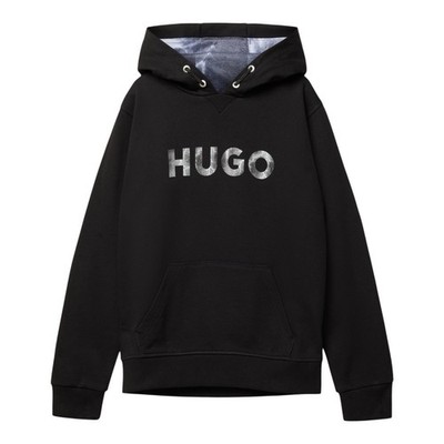 Hugo Boss Logo Graphic Pullover Hoodie Boys Size 14 Black Gray Lined Hood