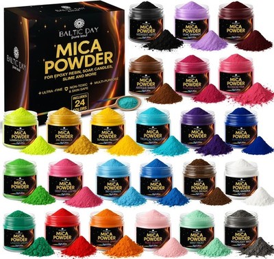 BALTIC DAY Mica Powder for Epoxy Resin   24 Ultra-Vibrant Colors in Large 10g
