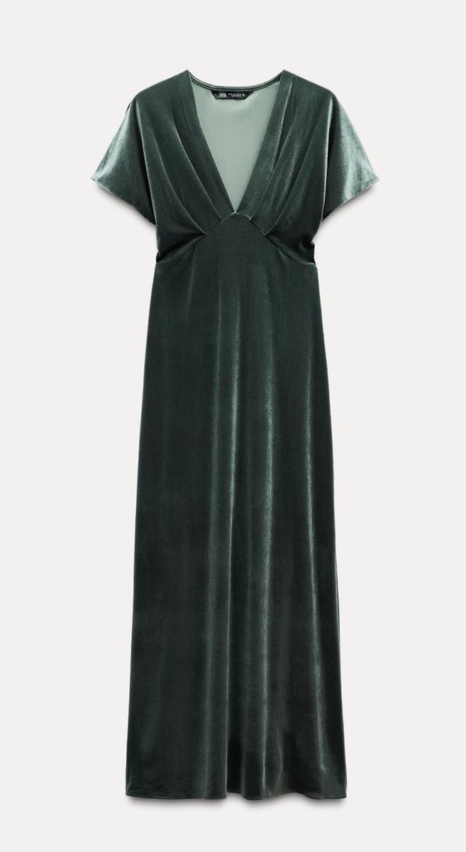 Zara midi dress Women's S Mid Green VELVET V Neck Festival Day