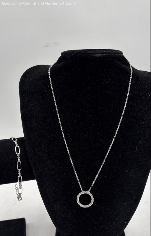 925 Sterling Silver Necklace w/Glass Pendant & Bracelet w/Cubic Zirconia 7.83g