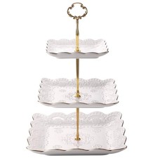 3-Tier Square Porcelain Cake Stand, White Rimmed with Gold Embossed Cupcake D...
