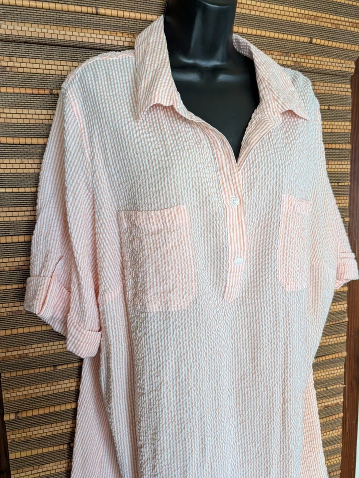 Vintage Y2K Karen Scott 2X Peach White Seersucker Button Down Midi Dress Pockets - Image 3 of 4