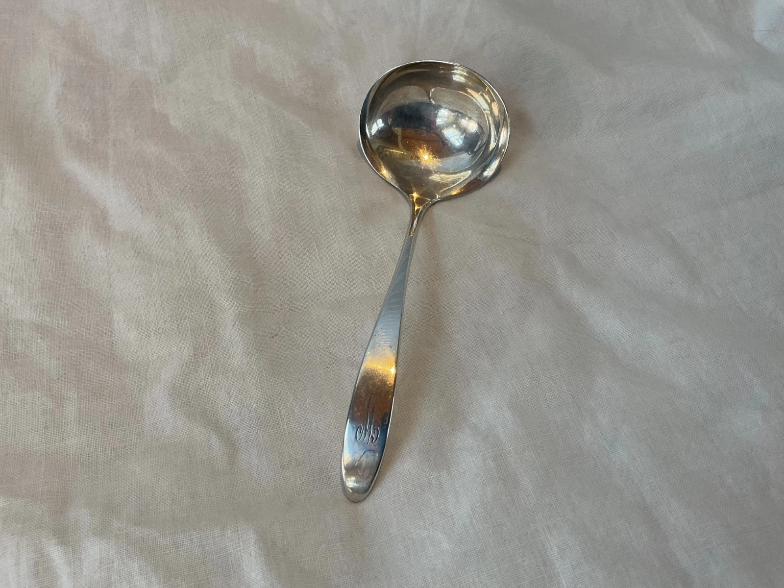 Antique sterling silver gravy / sauce ladle VG condition W monogram ~5.5" long