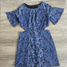Anthropologie Blue Black Floral Jacquard Cut-Out Mini Dress Flutter Sleeve Sz 8