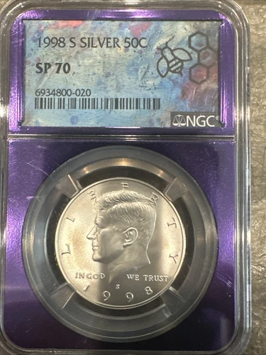 1998-S Silver 50C NGC SP 70 Kennedy Half Dollar Purple Core.
