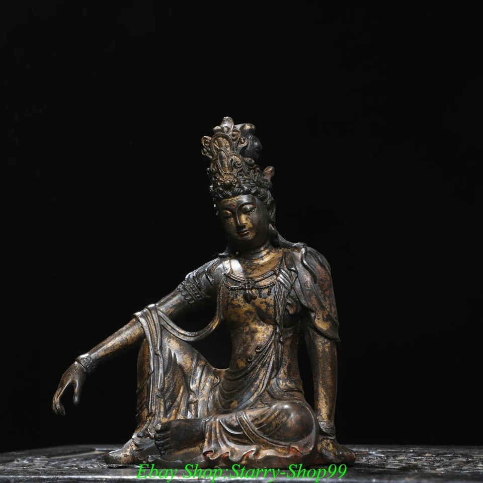 7.4" Old Dynasty Pure Bronze Gilt Kwan-yin Guan Yin Quanyin Bodhisattva Statue - Image 2 of 4