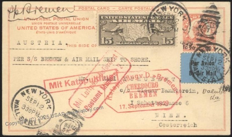 USA  1929 Bremen Cherbourg Schleuderflug Catapult K6 Cover Airmail Vienna 116197
