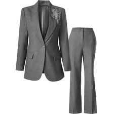 Womens One Button Office New Retro Gray Suit Jacket Top Pants Two-piece Set Coat