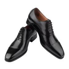 Handmade Black Cap Toe Oxford Lace Up Genuine Leather Dress Office Shoes For Men