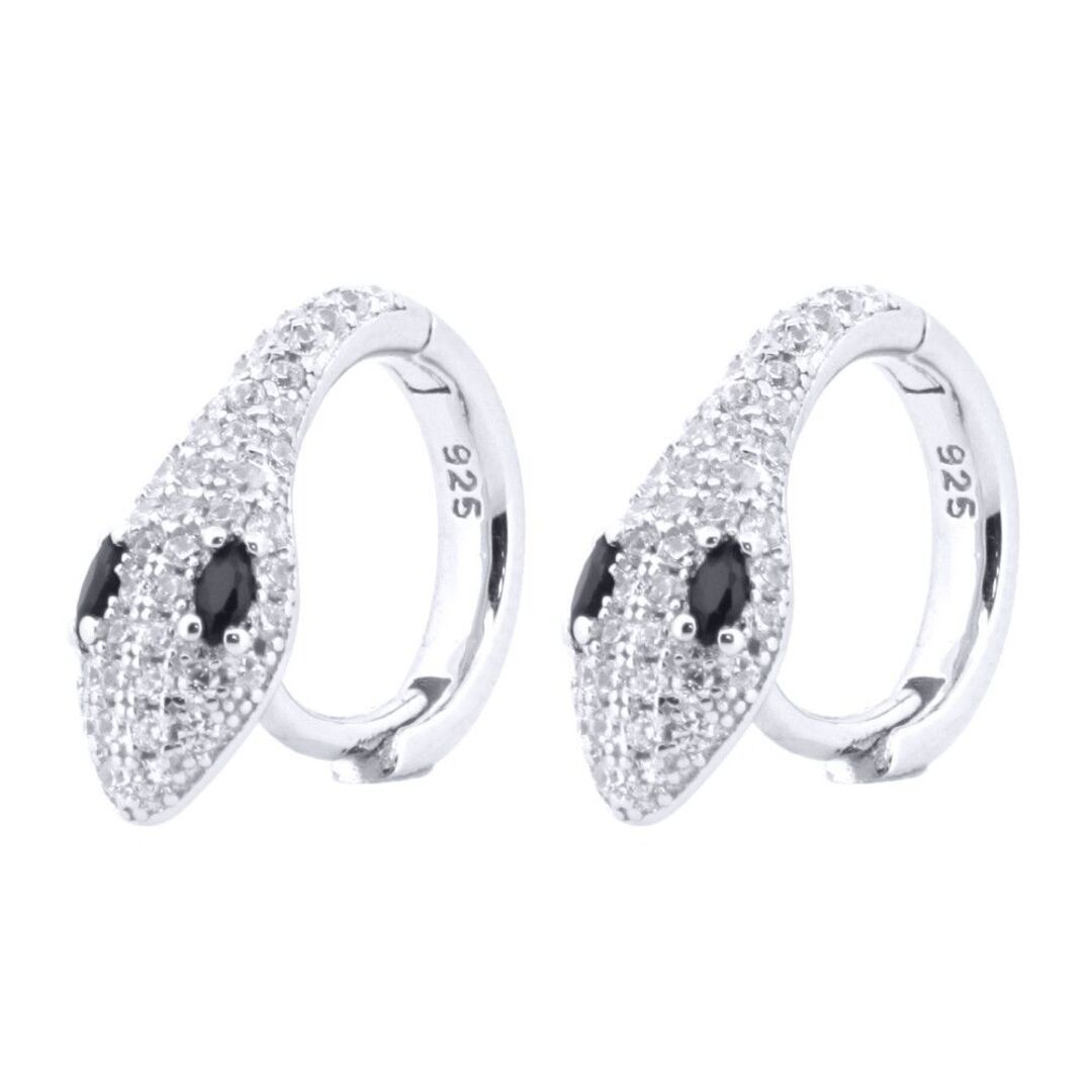 Silver Jewelco London Black Marquise CZ Pave Snake Eyes Huggie Hoop Earrings