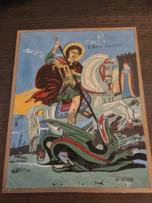 SAINT GEORGE AGIOS GEORGIOS & THE DRAGON FOLK ART RELIGIOUS ICON SIGNED PAINTING