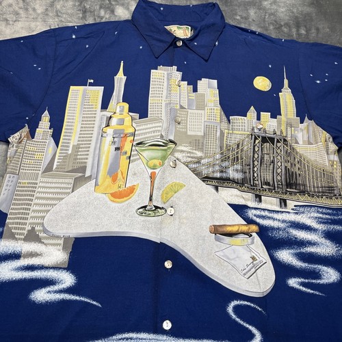 Vintage Tori Richard Hawaiian Shirt Mens 2XL Cocktail Cigar City Night Scape USA - Picture 3 of 15