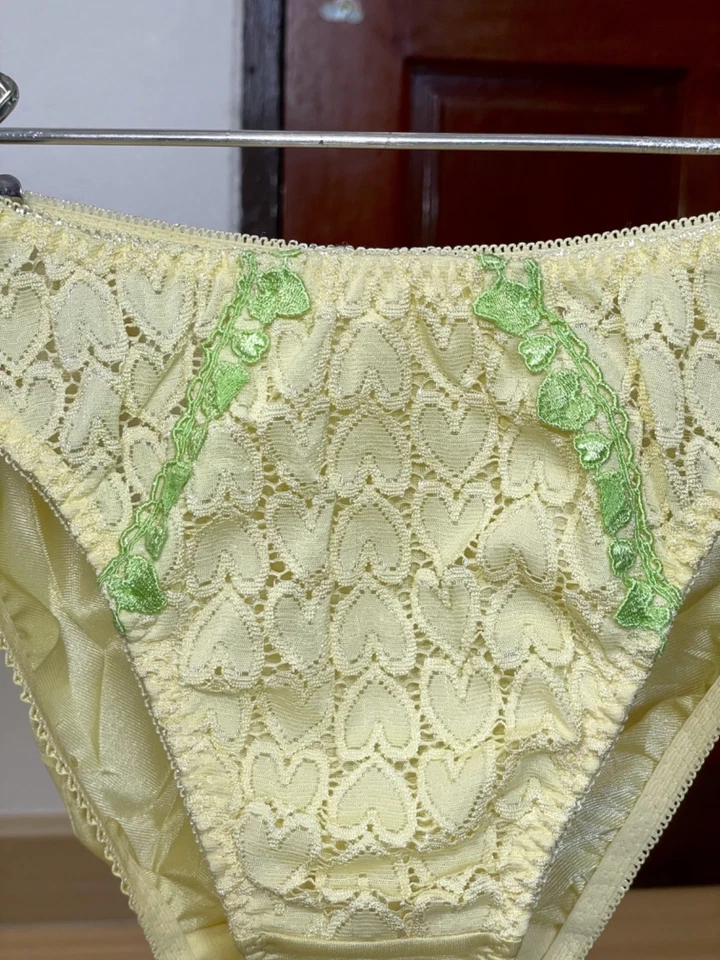 Vintage Slippery Polyester Panty Silky Nylon Heart Lace Sheer Yellow Bikini Sz.5 - Image 2 of 4