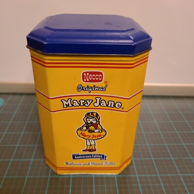 Mary Jane Necco cookie Jar Vintage Tin Metal Storage Advertising Collectible 