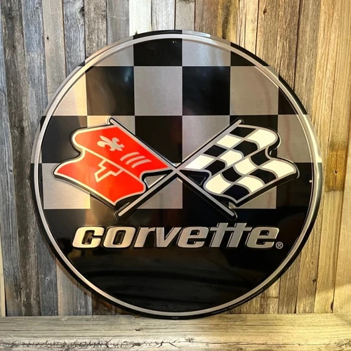 Chevrolet Corvette Flags Logo Chevy Metal Tin Sign 24" Vintage Garage Dealer New