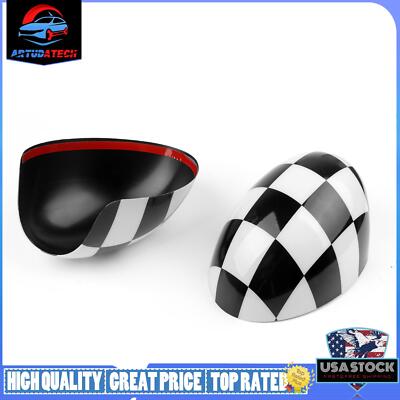 2x Checkered WING Mirror Covers Fit MINI Cooper R55 R56 R57 Power Fold Mirror